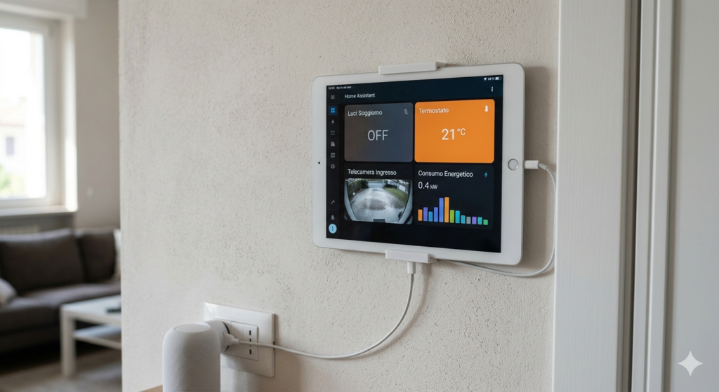 Tablet iPad datato montato a parete che esegue la dashboard di Home Assistant per controllo luci e consumi come hub domotico fai da te.