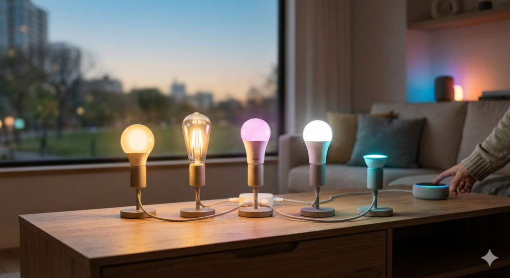 Una comparazione visuale di cinque diverse lampadine smart (calde, fredde, colorate, vintage) accese in un salotto moderno.