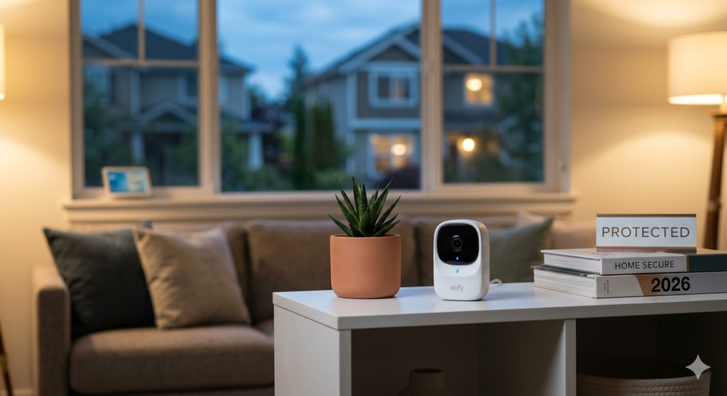 Una moderna telecamera di sicurezza Wi-Fi bianca posizionata su una mensola di legno tra una pianta e dei libri in un salotto accogliente.