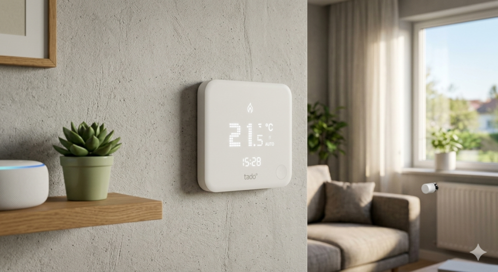Un moderno termostato smart tado° a muro che visualizza la temperatura interna su una parete grigia in un soggiorno minimalista.
