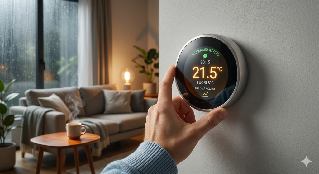Un termostato smart moderno a parete che mostra la temperatura interna e il risparmio energetico.