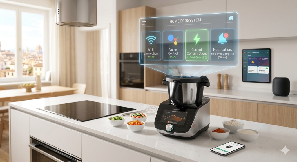 Robot da cucina smart multifunzione con interfaccia olografica domotica per monitoraggio consumi e controllo vocale