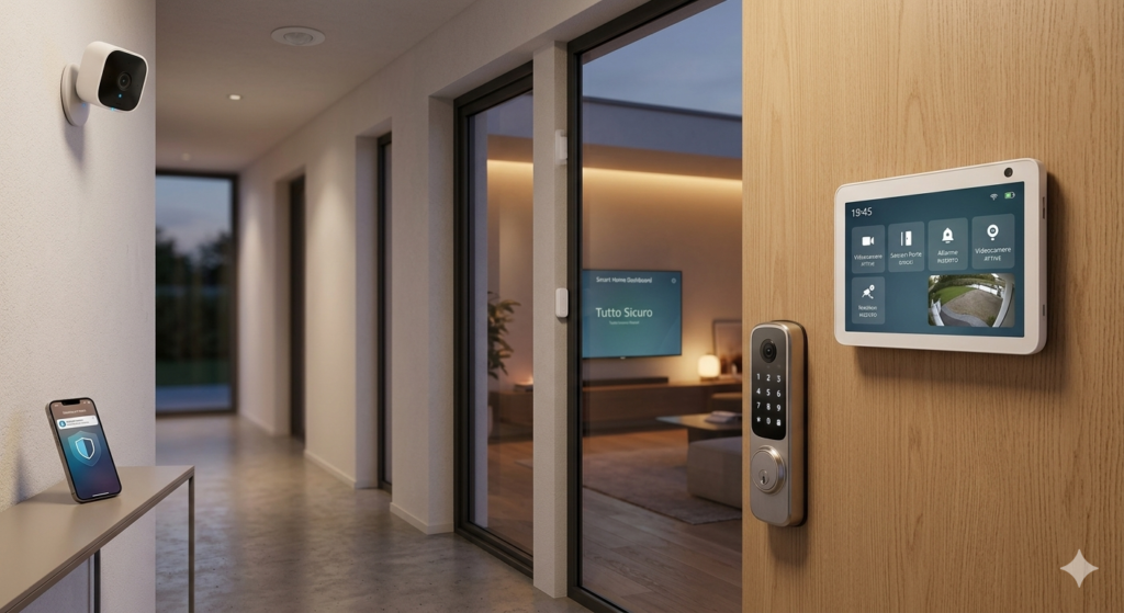 Una videocamera smart moderna per interni che controlla un ingresso, primo passo per la sicurezza domotica nel 2026.