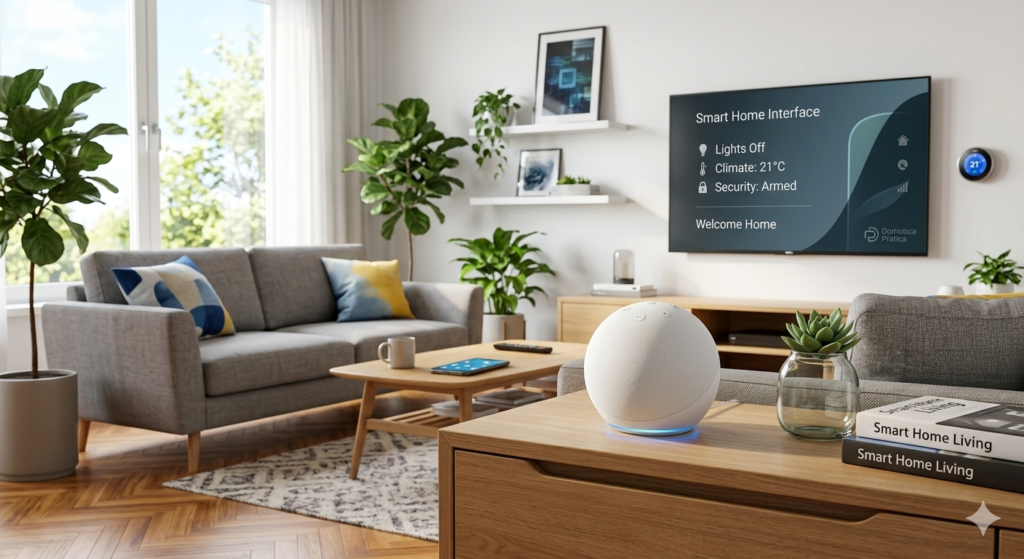 Un assistente vocale intelligente in un salotto moderno, primo passo per creare una Smart Home nel 2026