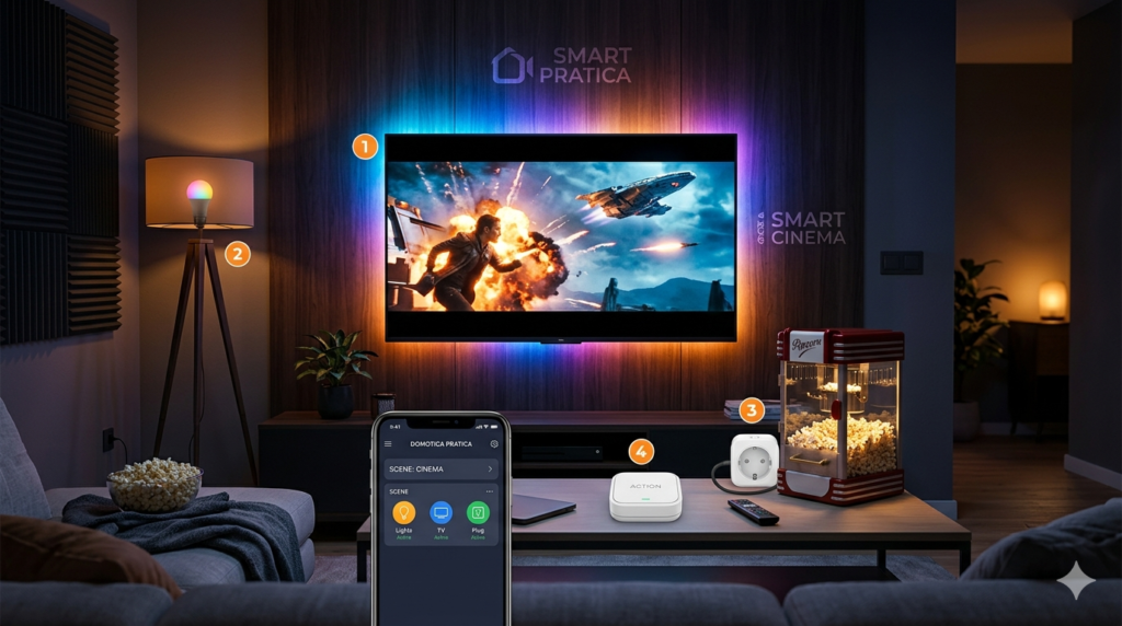 Un salotto moderno con illuminazione soffusa per creare un cinema in casa smart.