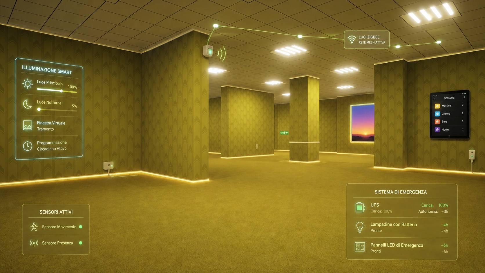 Idee di illuminazione smart per stanze senza finestre ispirate ai corridoi delle Backrooms.