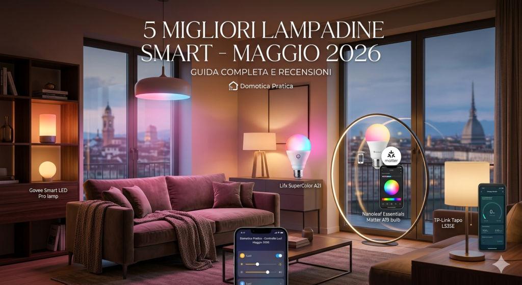 Confronto tra le 5 migliori lampadine smart di maggio 2026 in un ambiente domestico moderno.