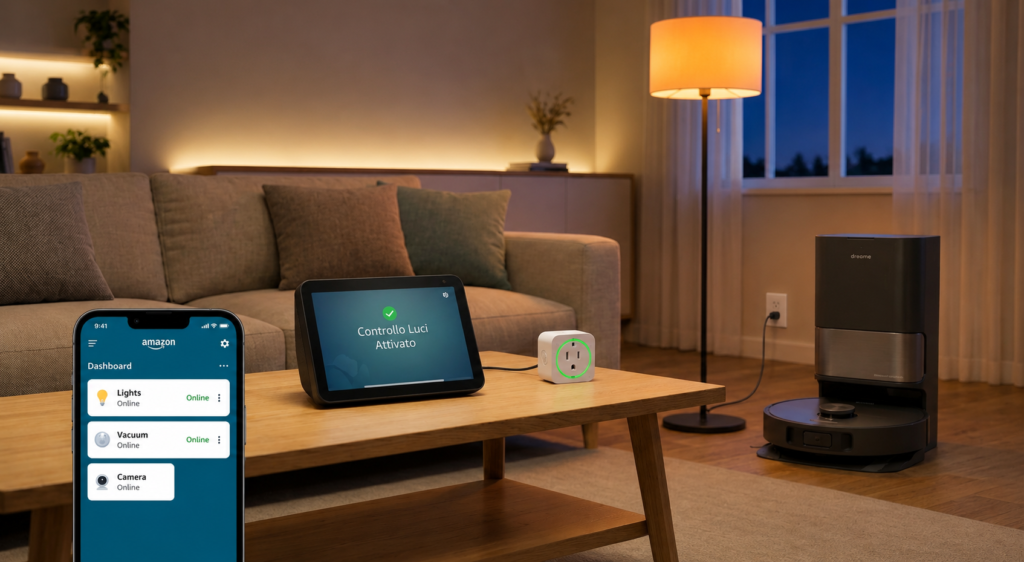Soggiorno moderno con luci e prese gestite tramite la domotica economica amazon.