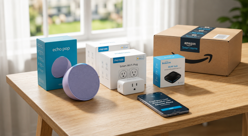 Confezioni di dispositivi per la domotica economica amazon su una scrivania.