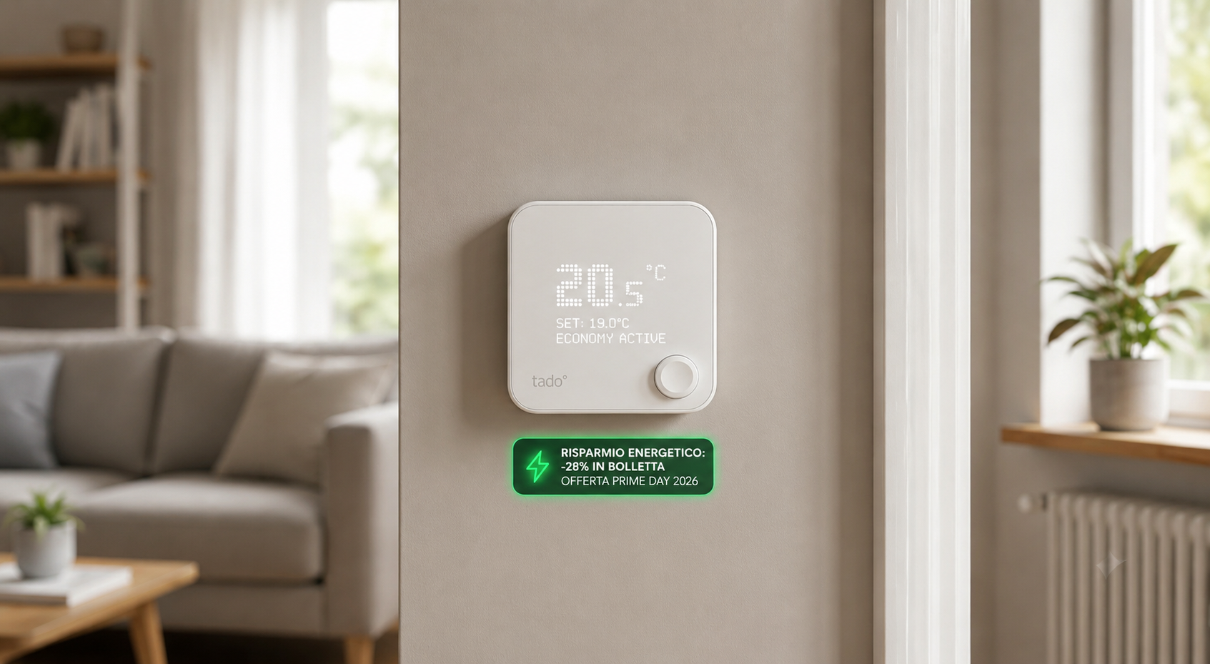 Un termostato smart amazon di ultima generazione installato a parete in un soggiorno moderno.