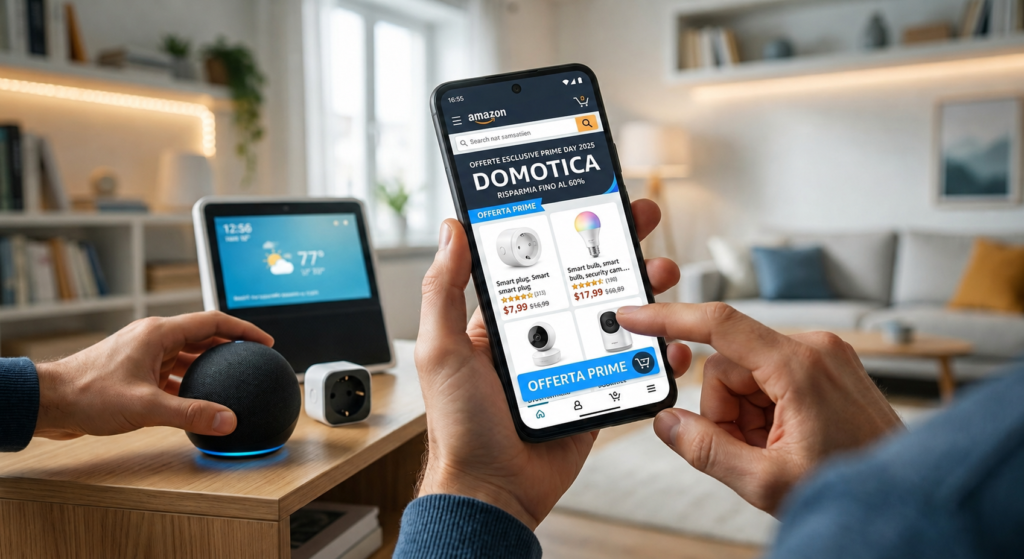 Smartphone che mostra le offerte domotica prime day su Amazon.