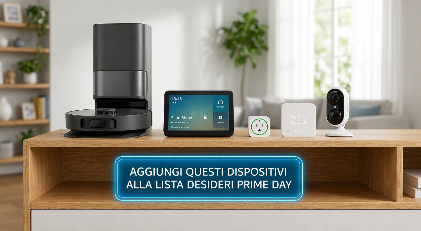 Dispositivi tecnologici per la casa pronti per essere salvati nella lista desideri amazon prime day.